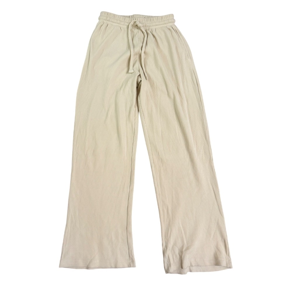 Daily Drills Ribbed Wide Leg Pants Cream Beige XS/S Lounge Drawstring Cotton